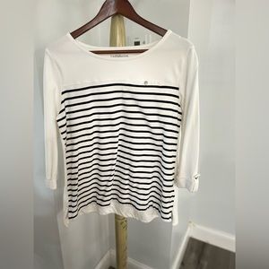 White and black striped long sleeve tee.